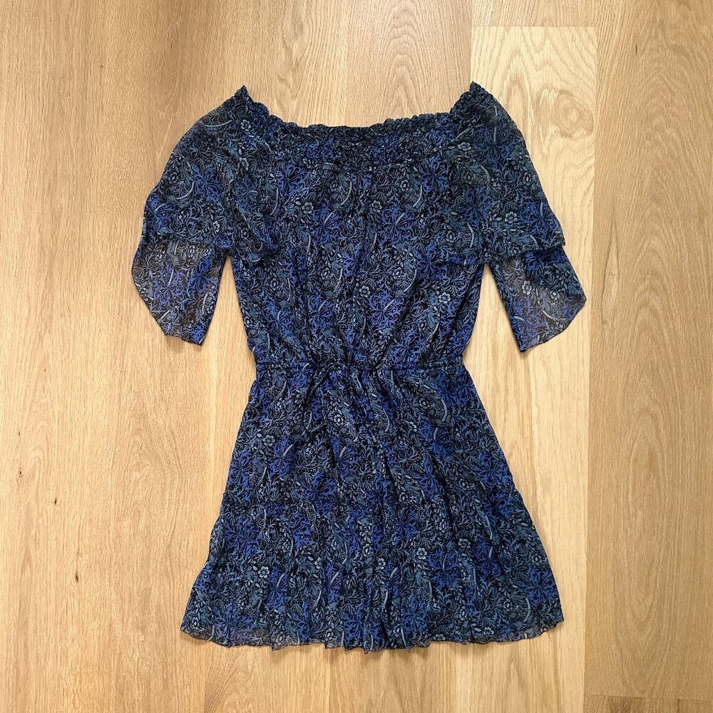 Elia Tahari Blue Paisley Boho Off the Shoulder Dress, Size XS